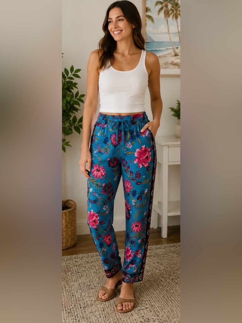698 LOFT Floral Print Pull-On Pants Small Blue Pink Boho Drawstring Cropped Wide